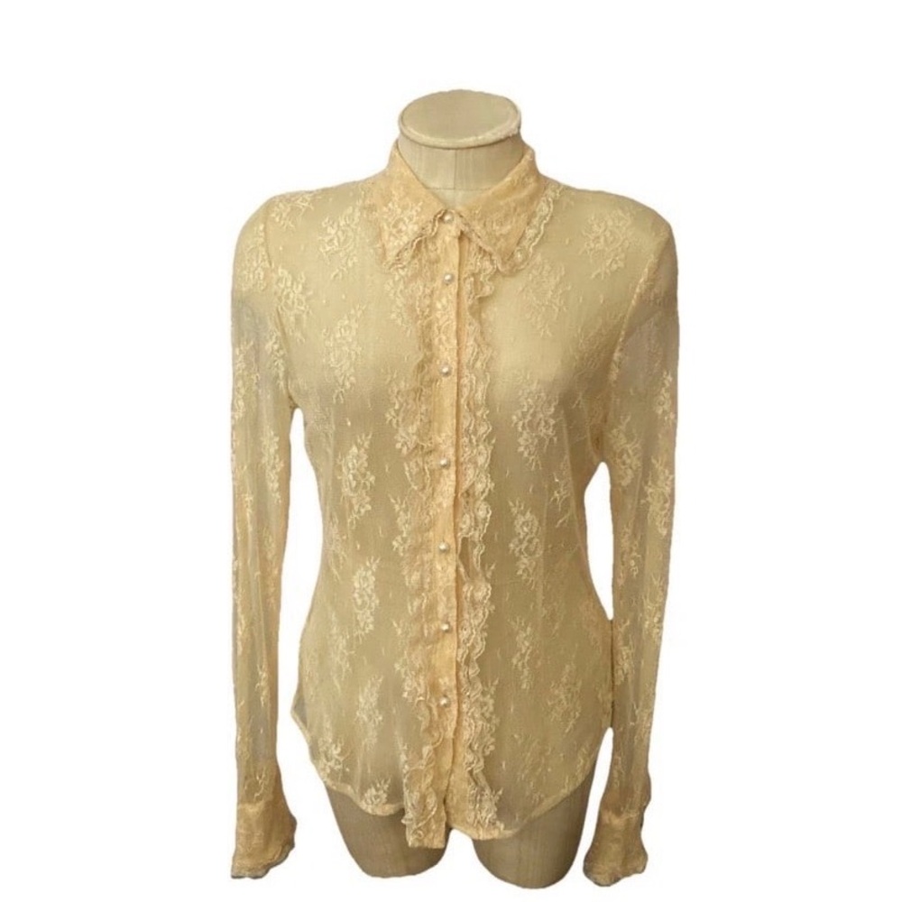 Elegant Lace Button-Up Blouse Estim S-M 37” Bust w/ Pearled embellishments